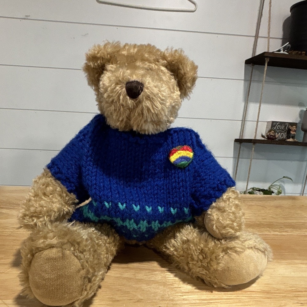 The Penny Bear Co Penny Bear Beige Plush Teddy w/ Blue Knit Sweater Heart Patch